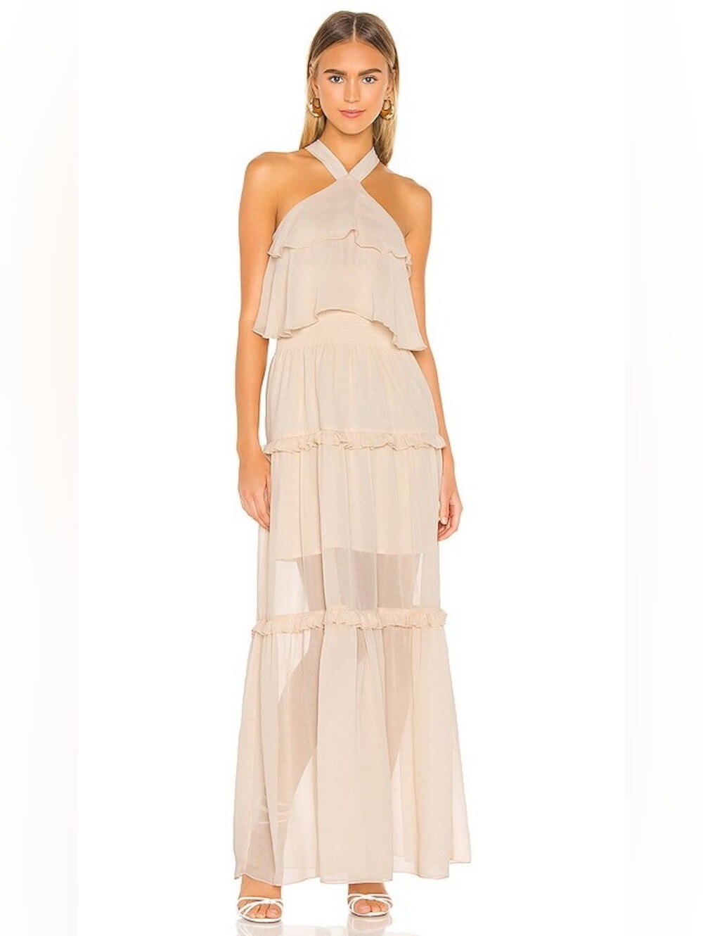 Kendall Kylie Revolve Beige Nude Smocked Chiffon Tiered Ruffle Halter Dress 4/6